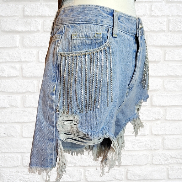 High Rise Jean Shorts Rhinestone Pockets Rough Edge Cut Off Distressed Shorts M - Picture 5 of 15